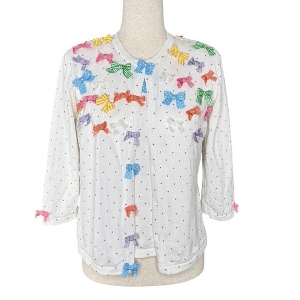 Vintage Berek 2 Takako Sakon Knit Sweater Set Polka Dot Ribbon Bows Small